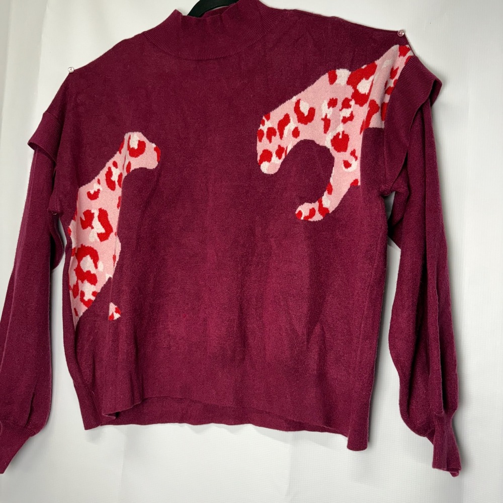 Crown & Ivy XXL Mock Neck‎ Pullover Sweater Leopard Ruffle LS Artsy Maximalist